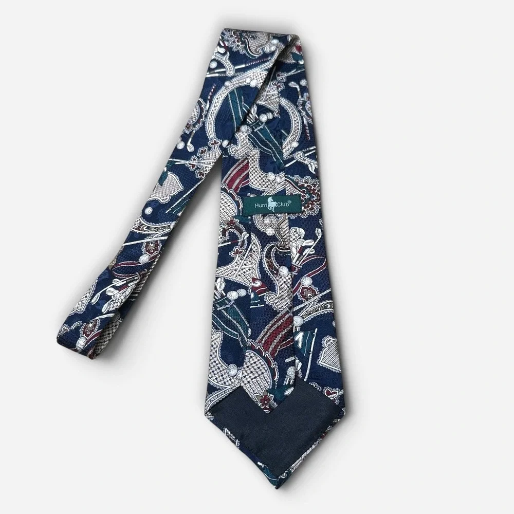 Hunt Club Mens Silk Tie Navy Blue Golf Paisley Clubs Flags Sports Necktie